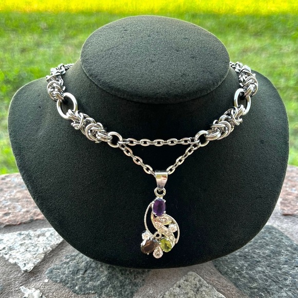 Handmade maille links stainless steel chains + sterling silver amethyst peridot - Picture 2 of 16